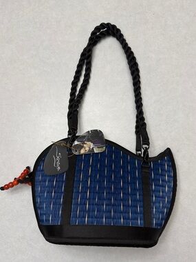 Saraye Blue Woven Shoulder Bag with Black Trim